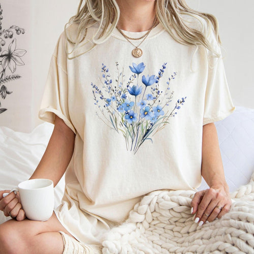 Ivory T-shirt with a blue watercolor-style flower bouquet