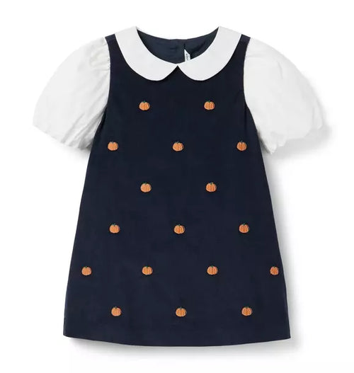 Embroidered Pumpkin Corduroy Dress - Maritime Navy