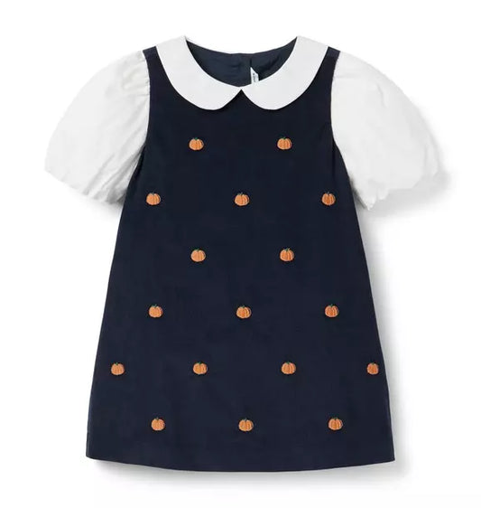 Embroidered Pumpkin Corduroy Dress - Maritime Navy
