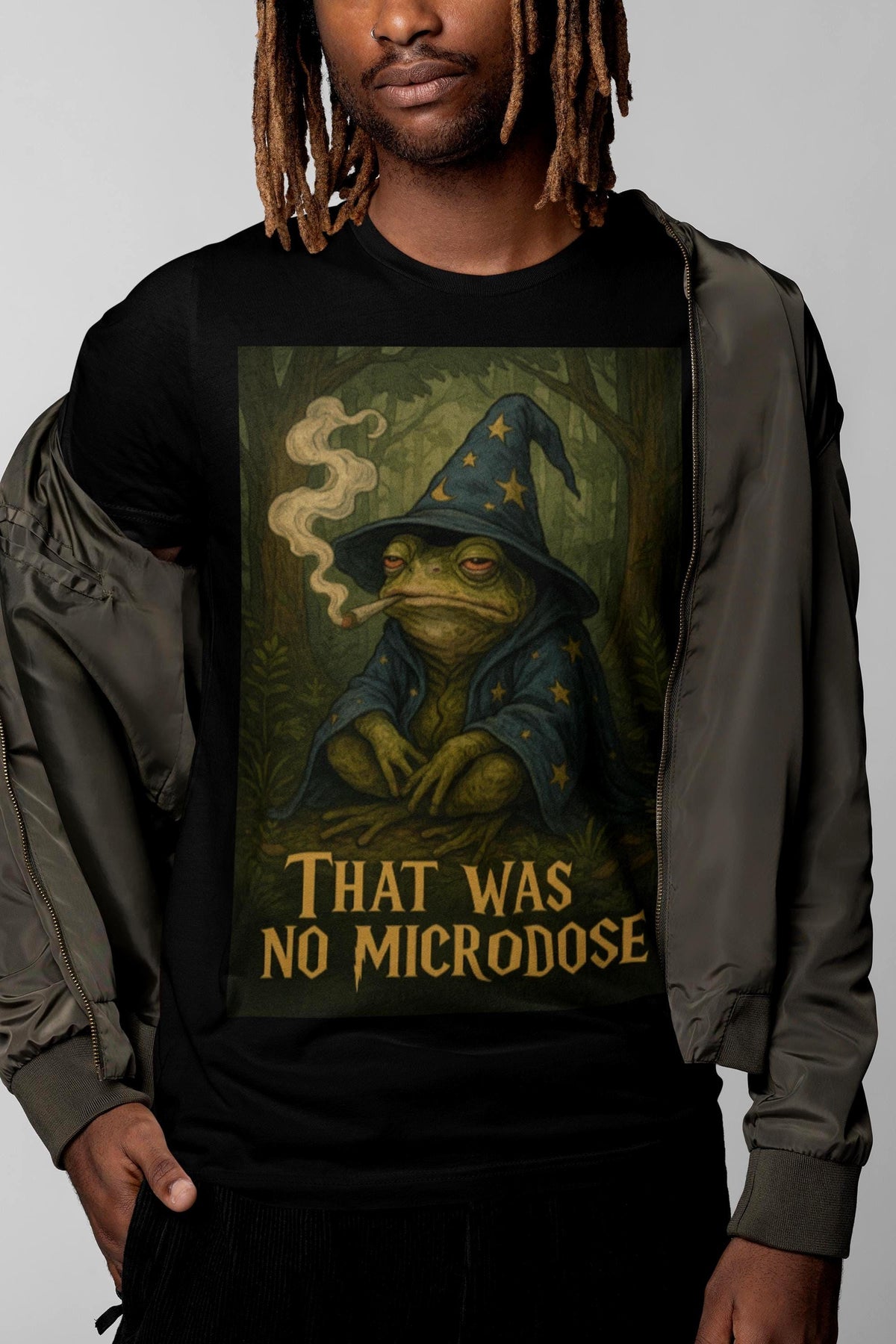 Black T-shirt with smoking toad wizard and That Was No Microdose text