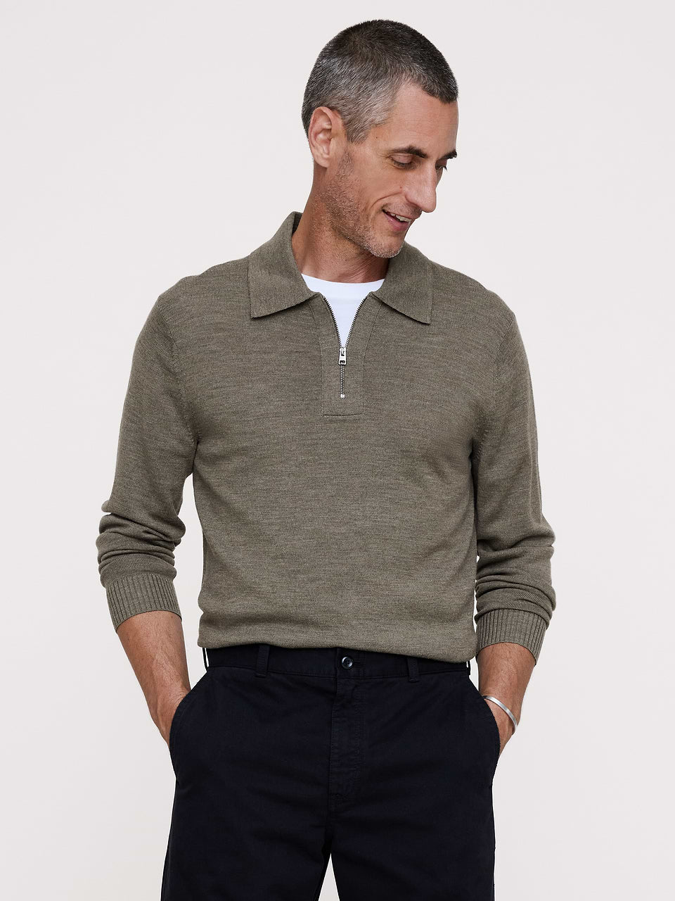 Merino Zip-Up Sweater Polo - Nettle Leaf Green