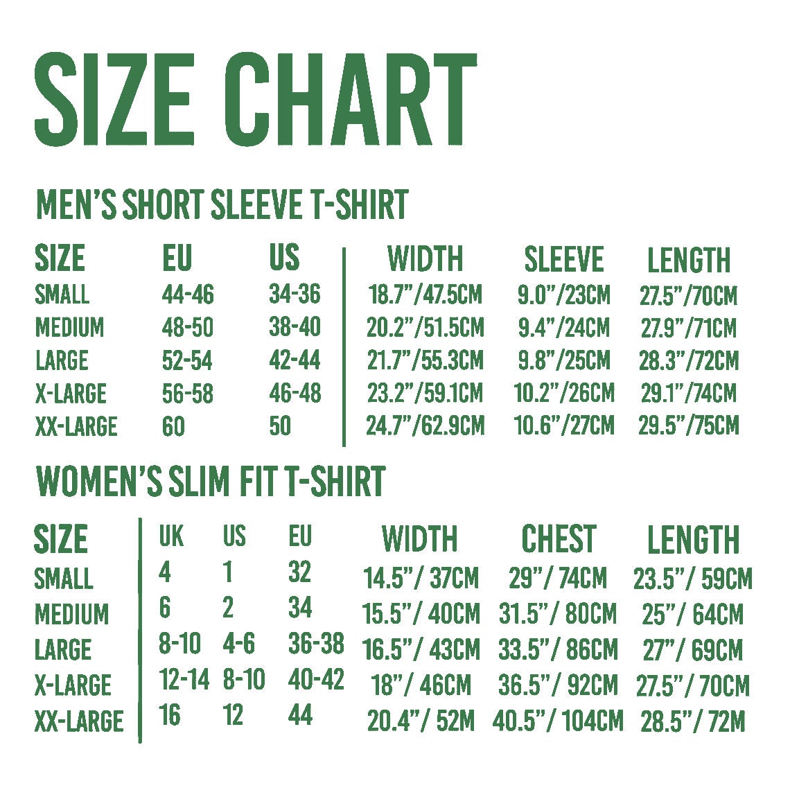 May include: Size chart for short and slim fit t-shirts. The chart shows sizes in US, UK, EU, and measurements in inches and centimeters. The chart includes measurements for width, sleeve length, chest, and length.