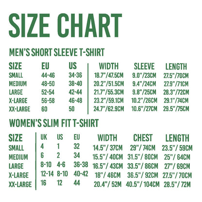 May include: Size chart for short and slim fit t-shirts. The chart shows sizes in US, UK, EU, and measurements in inches and centimeters. The chart includes measurements for width, sleeve length, chest, and length.