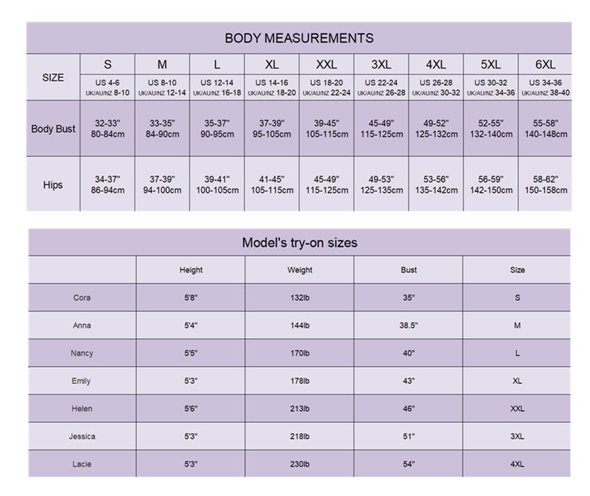 May include: A chart showing body measurements for different sizes, from S to 6XL, in inches and centimeters. The chart also includes a section for model's try-on sizes, showing the height, weight, bust, and size of different models.