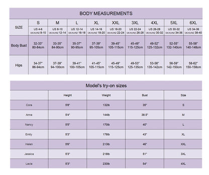 May include: A chart showing body measurements for different sizes, from S to 6XL, in inches and centimeters. The chart also includes a section for model's try-on sizes, showing the height, weight, bust, and size of different models.