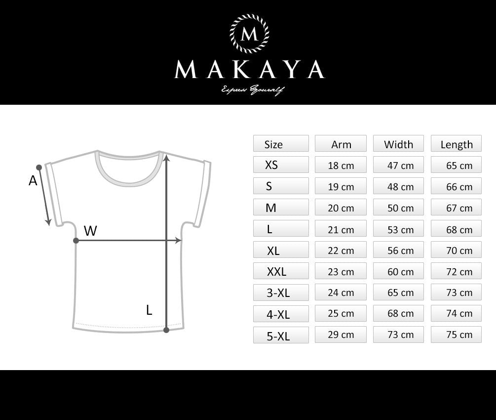 May include: White t-shirt with rolled sleeves, featuring a size chart with measurements in centimeters for arm, width, and length. The brand logo "MAKAYA" is at the top. The shirt sizes range from XS to 5-XL.