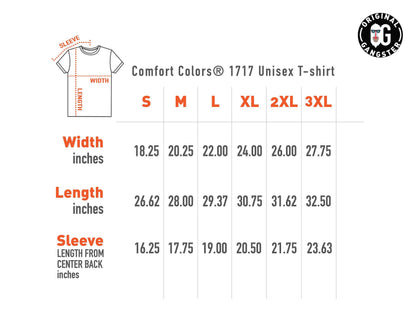 May include: Size chart for a unisex t-shirt in sizes S through 3XL. The chart shows width, length, and sleeve length in inches.