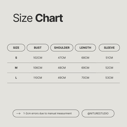 May include: Size chart for a garment with measurements in centimeters for bust, shoulder, length, and sleeve. Sizes include S, M, and L.