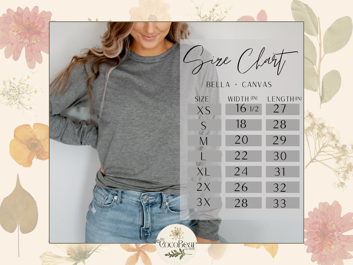 May include: Size chart for Bella + Canvas t-shirts, showing width and length measurements in inches for sizes XS to 3X.