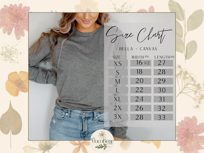 May include: Size chart for Bella + Canvas t-shirts, showing width and length measurements in inches for sizes XS to 3X.