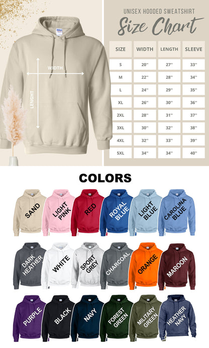 May include: A sand-colored hooded sweatshirt with a front kangaroo pocket, accompanied by a size chart displaying width, length, and sleeve measurements in inches for sizes S to 5XL, and a color palette showing eighteen hoodie color options.
