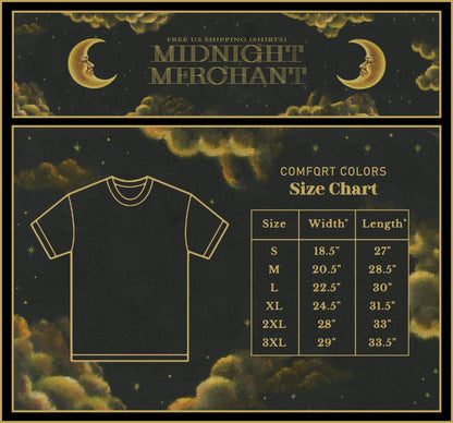 May include: A size chart for Comfort Colors t-shirts featuring a gold outline of a shirt and a table listing sizes S through 3XL with corresponding width and length measurements in inches, set against a dark background with gold moon and cloud graphics.