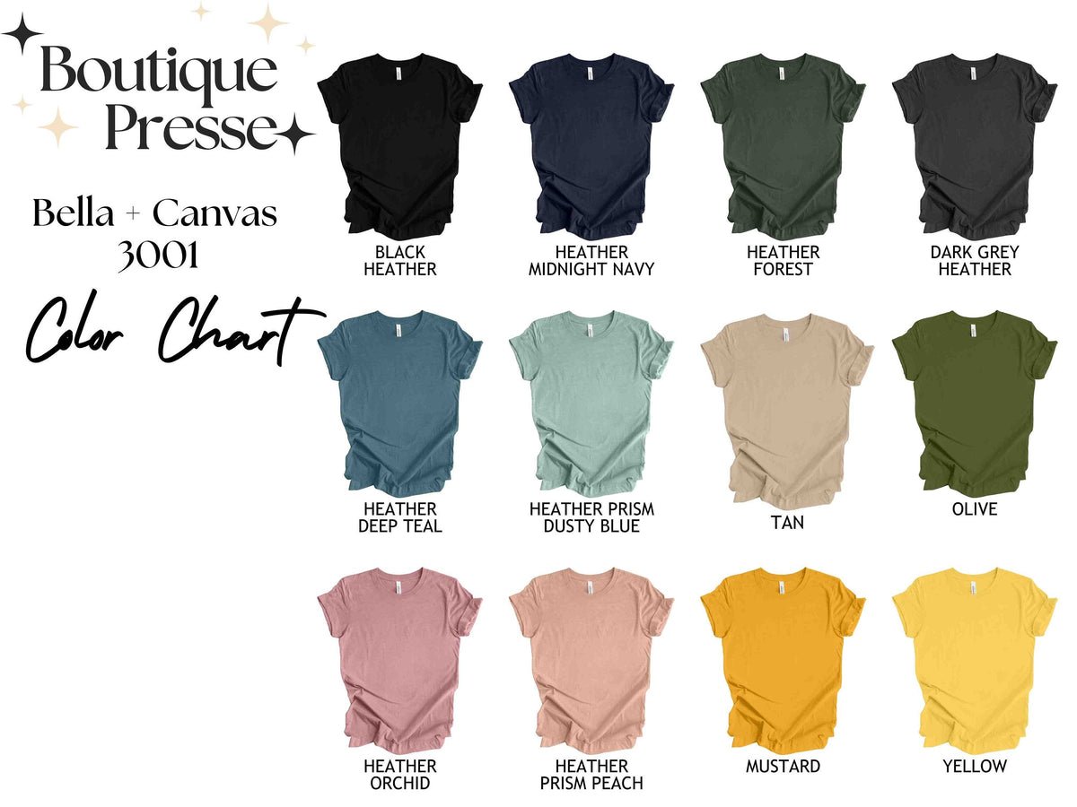 May include: Color chart for Bella + Canvas 3001 t-shirts. The chart shows 12 different colors, including black heather, midnight navy, heather forest, dark grey heather, heather deep teal, heather prism dusty blue, tan, olive, heather orchid, heather prism peach, mustard, and yellow.