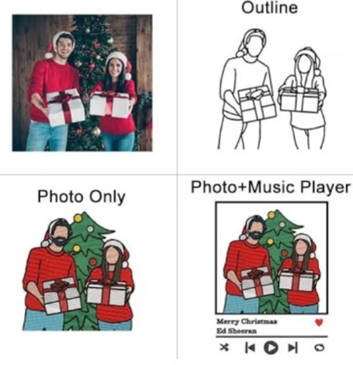 May include: A custom illustration set featuring a couple in Santa hats holding gifts in front of a Christmas tree. Options include a black and white outline, a colorized version, and a music player interface with the text Merry Christmas Ed Sheeran.