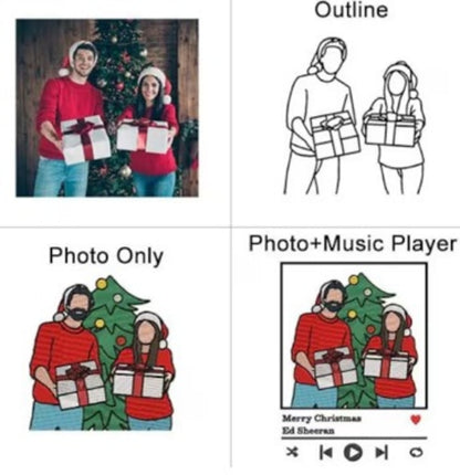 May include: A custom illustration set featuring a couple in Santa hats holding gifts in front of a Christmas tree. Options include a black and white outline, a colorized version, and a music player interface with the text Merry Christmas Ed Sheeran.
