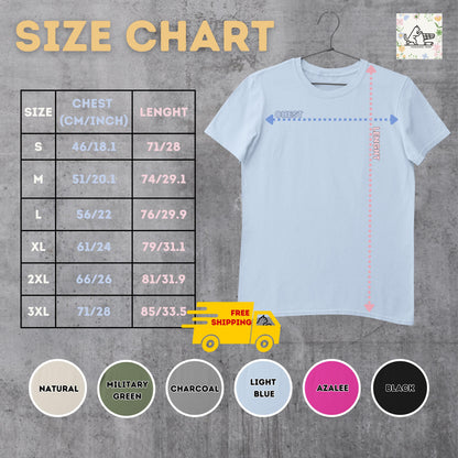 May include: Size chart for a t-shirt with measurements in inches and centimeters. The chart shows chest and length measurements for sizes S, M, L, XL, 2XL, and 3XL. The t-shirt is light blue and has a crew neck.