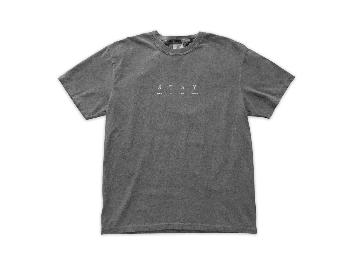 Interstellar T-shirt with the word STAY and its morse code, minimalist emotional sci-fi design