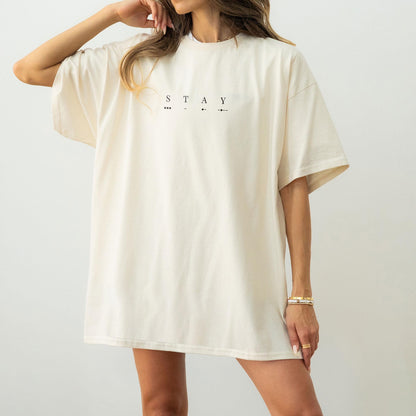 Interstellar T-shirt with the word STAY and its morse code, minimalist emotional sci-fi design