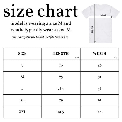 May include: Size chart for a t-shirt with measurements in centimeters. The chart shows the size, length, and width of the shirt in sizes S, M, L, XL, and XXL.
