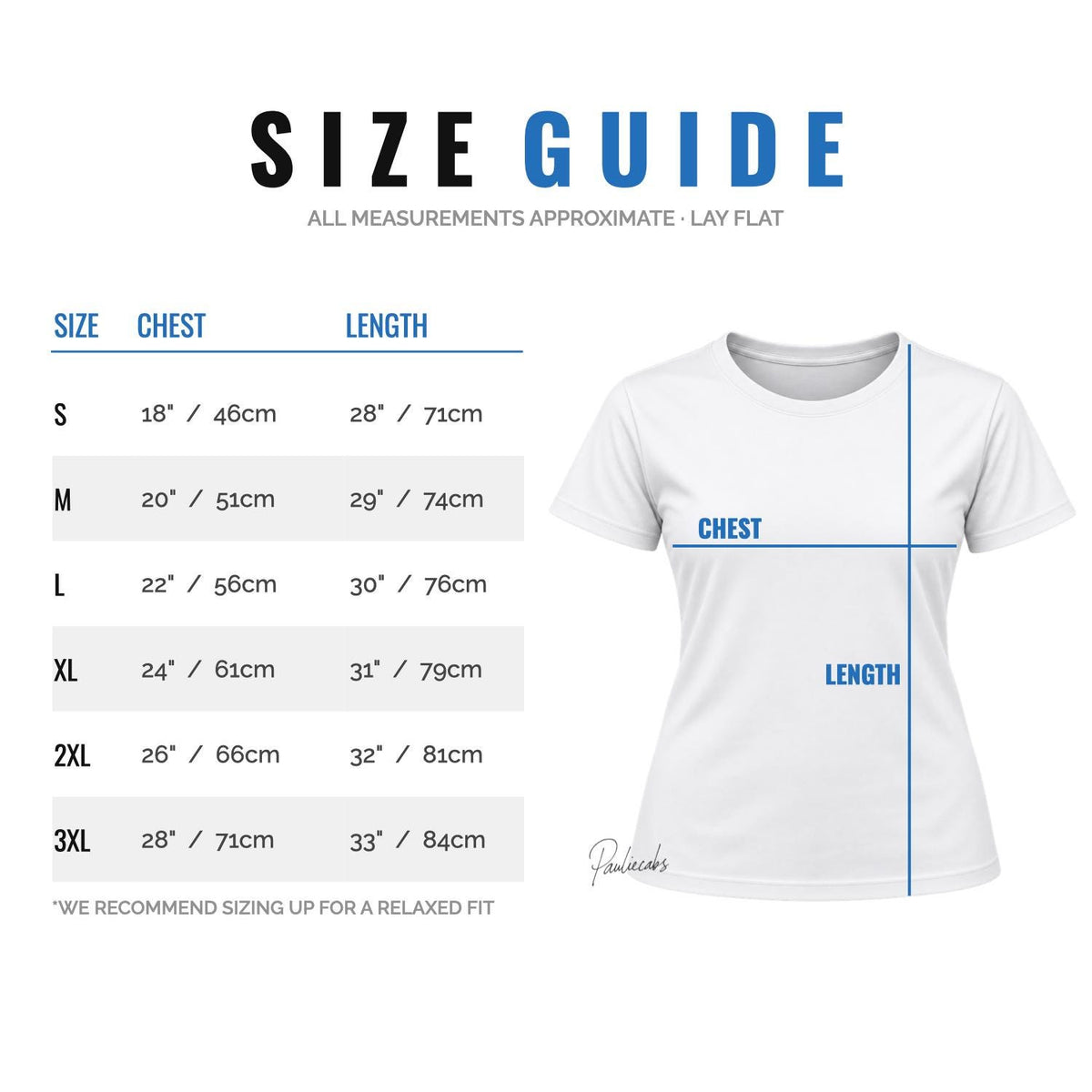 May include: A size guide chart for a t-shirt featuring a white t-shirt illustration with blue lines indicating chest and length measurements. The table lists sizes S through 3XL with corresponding measurements in inches ranging from 18 to 28 inches.