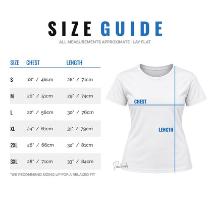 May include: A size guide chart for a t-shirt featuring a white t-shirt illustration with blue lines indicating chest and length measurements. The table lists sizes S through 3XL with corresponding measurements in inches ranging from 18 to 28 inches.