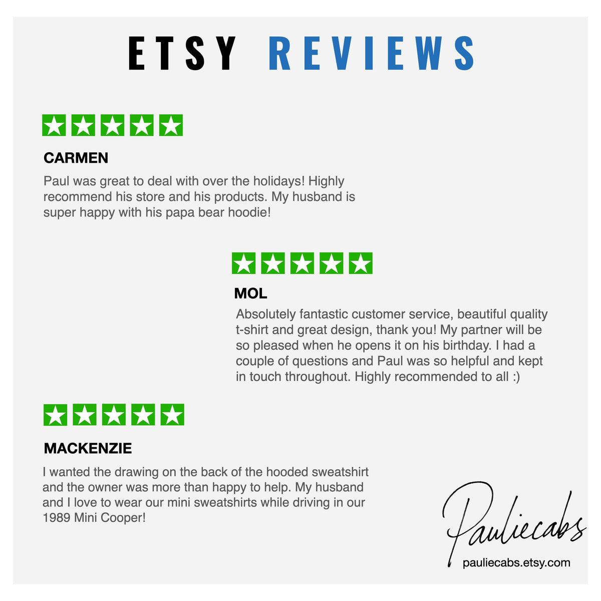 May include: A graphic display titled ETSY REVIEWS featuring three five-star ratings in green. The text includes customer feedback from Carmen, Mol, and Mackenzie regarding apparel purchases, with the store name Pauliecabs and URL pauliecabs.etsy.com.