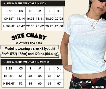 May include: A white baby tee with a size chart in inches and centimeters. The chart provides chest and height measurements for sizes XS to XL. The model is wearing an XS (youth) and is 5'5" (1.65m) and 120lbs. (54.4 kg).