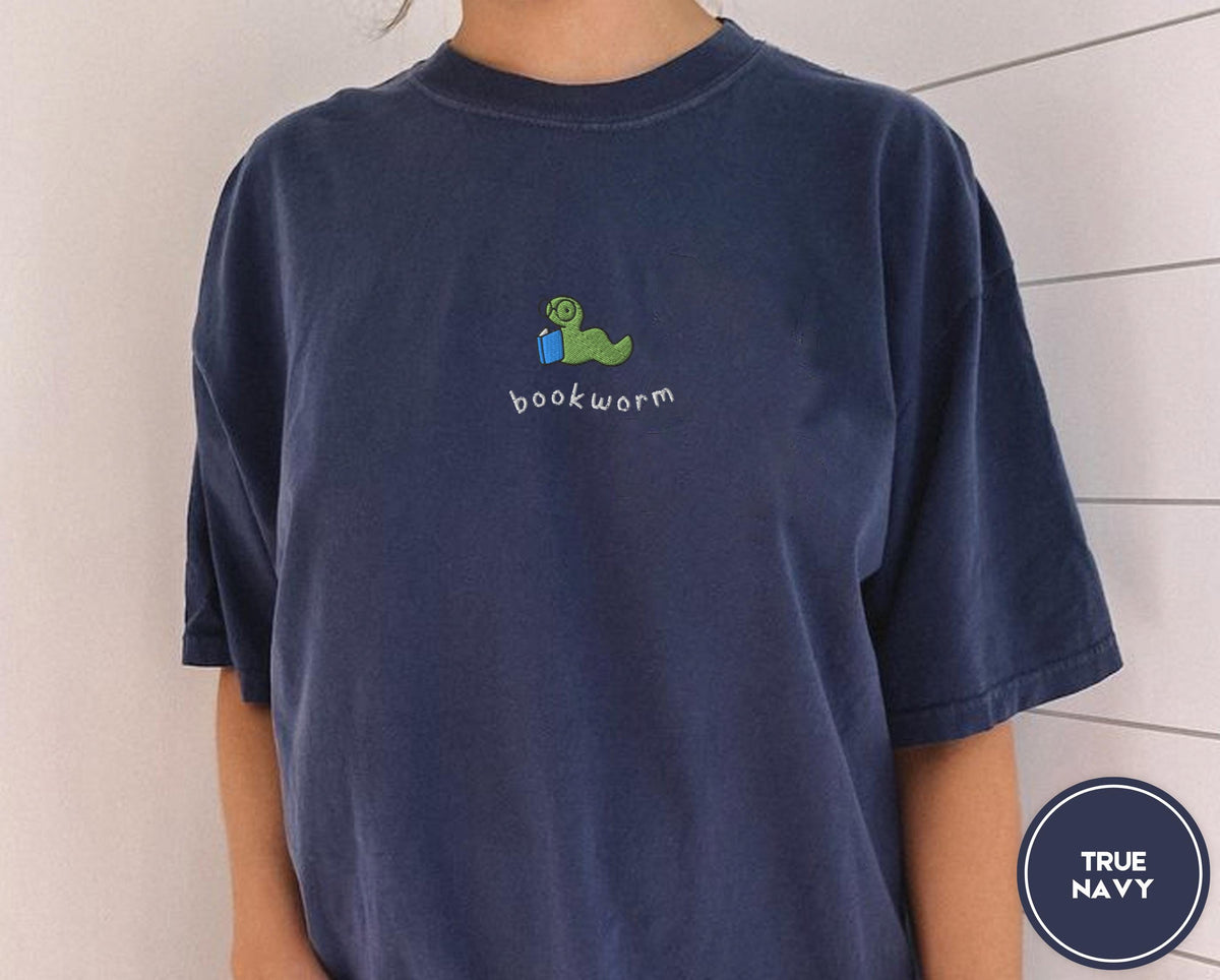 Bookworm Embroidered Tee – Cute Comfort Colors Shirt for Book Lovers, Bookish Gifts
