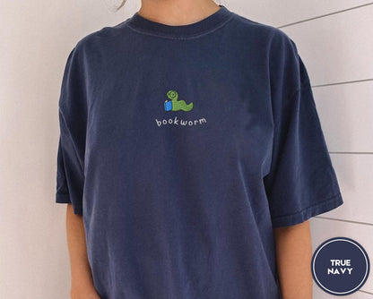 Bookworm Embroidered Tee – Cute Comfort Colors Shirt for Book Lovers, Bookish Gifts