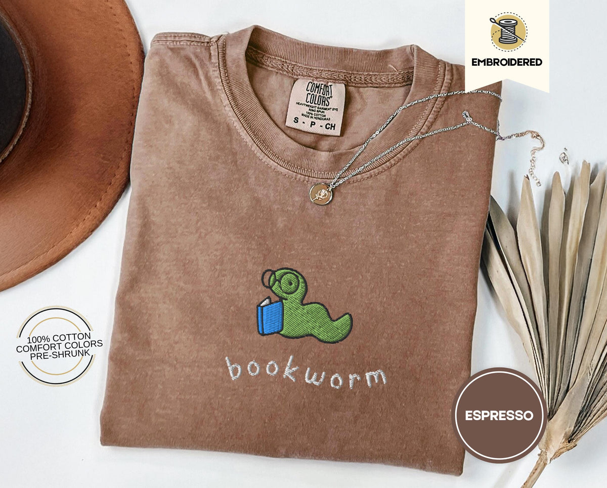 Bookworm Embroidered Tee – Cute Comfort Colors Shirt for Book Lovers, Bookish Gifts