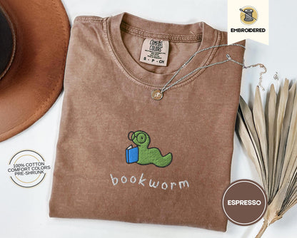 Bookworm Embroidered Tee – Cute Comfort Colors Shirt for Book Lovers, Bookish Gifts