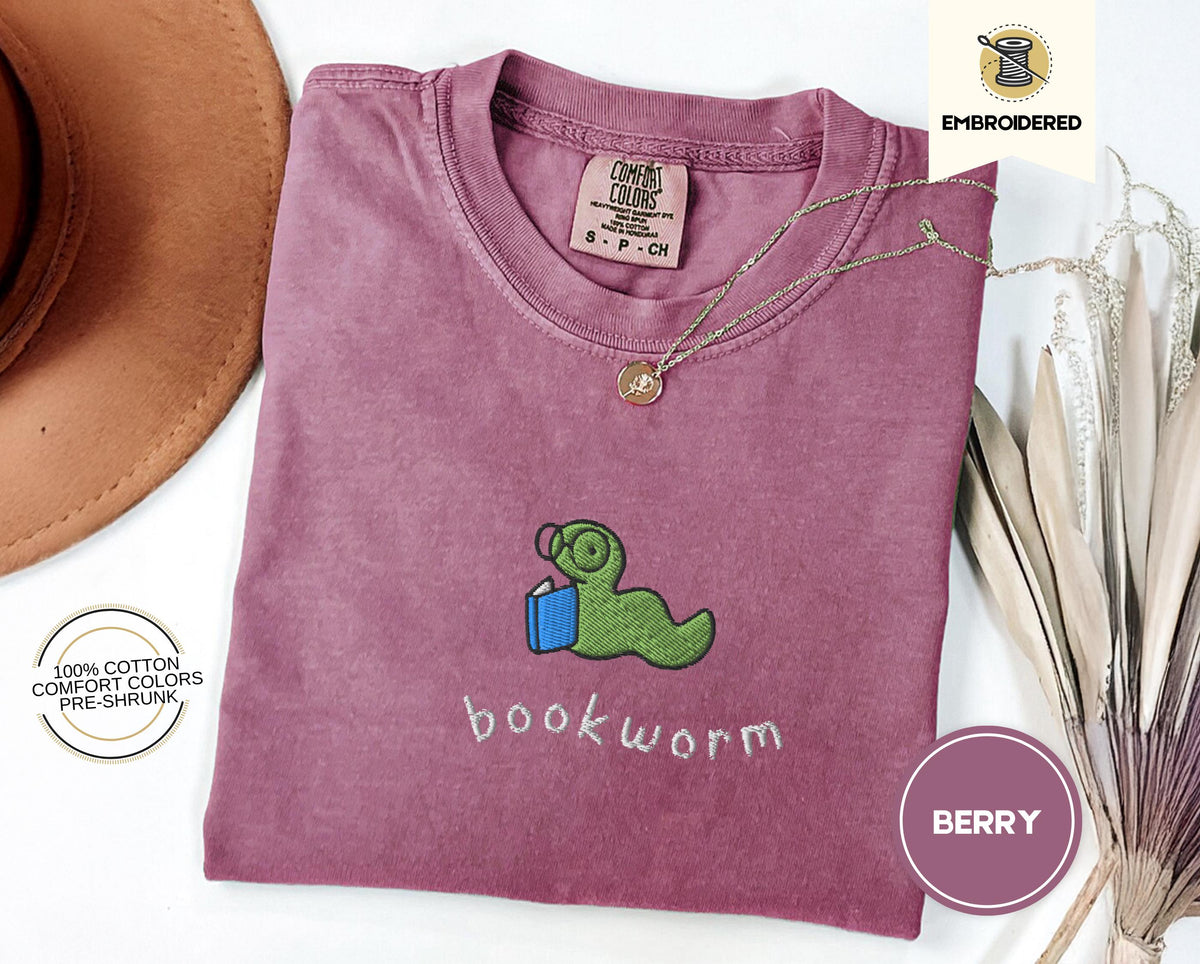 Bookworm Embroidered Tee – Cute Comfort Colors Shirt for Book Lovers, Bookish Gifts