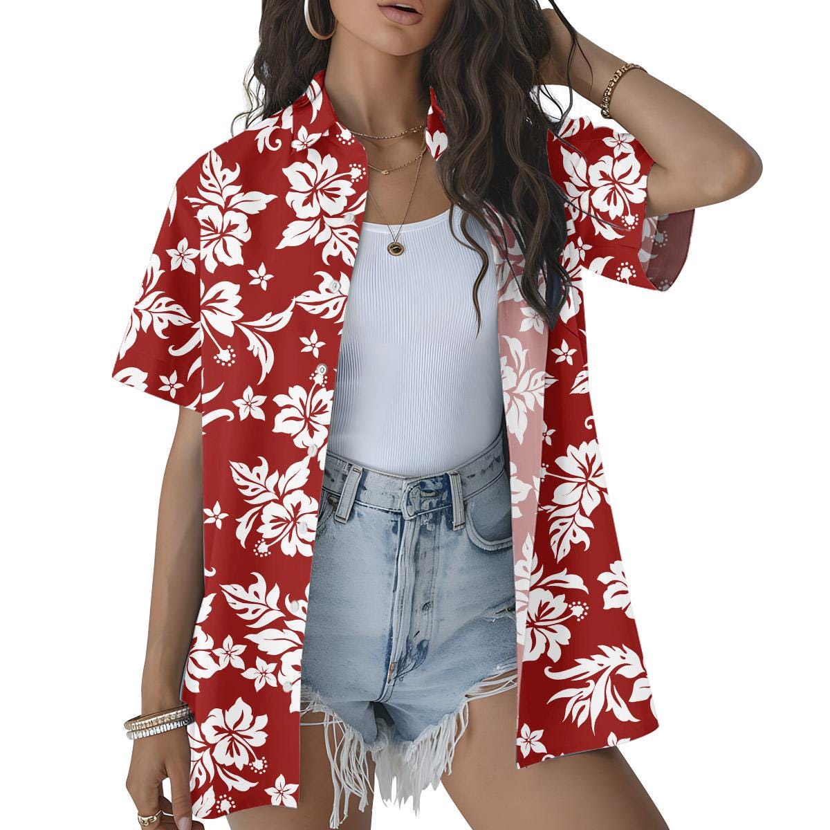 May include: Red Hawaiian shirt with white floral print. The short-sleeved button-down shirt features a vibrant hibiscus flower design. A casual, open-front shirt, perfect for a tropical or beach-themed look.