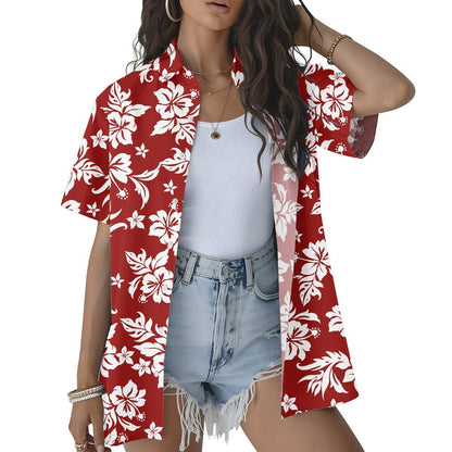 May include: Red Hawaiian shirt with white floral print. The short-sleeved button-down shirt features a vibrant hibiscus flower design. A casual, open-front shirt, perfect for a tropical or beach-themed look.