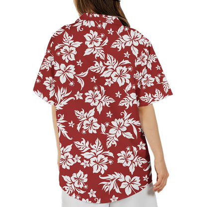 May include: A short-sleeved button-down shirt in a deep red hue, adorned with a repeating pattern of large white hibiscus flowers and smaller floral accents. The shirt's design features a classic collar and a relaxed fit, suitable for casual wear.