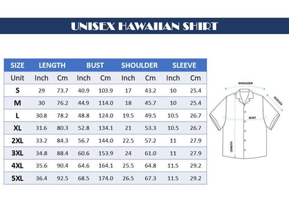 May include: A chart with measurements for a unisex Hawaiian shirt. The chart includes sizes S to 5XL, with measurements in inches and centimeters for length, bust, shoulder, and sleeve. A diagram of the shirt is also included.