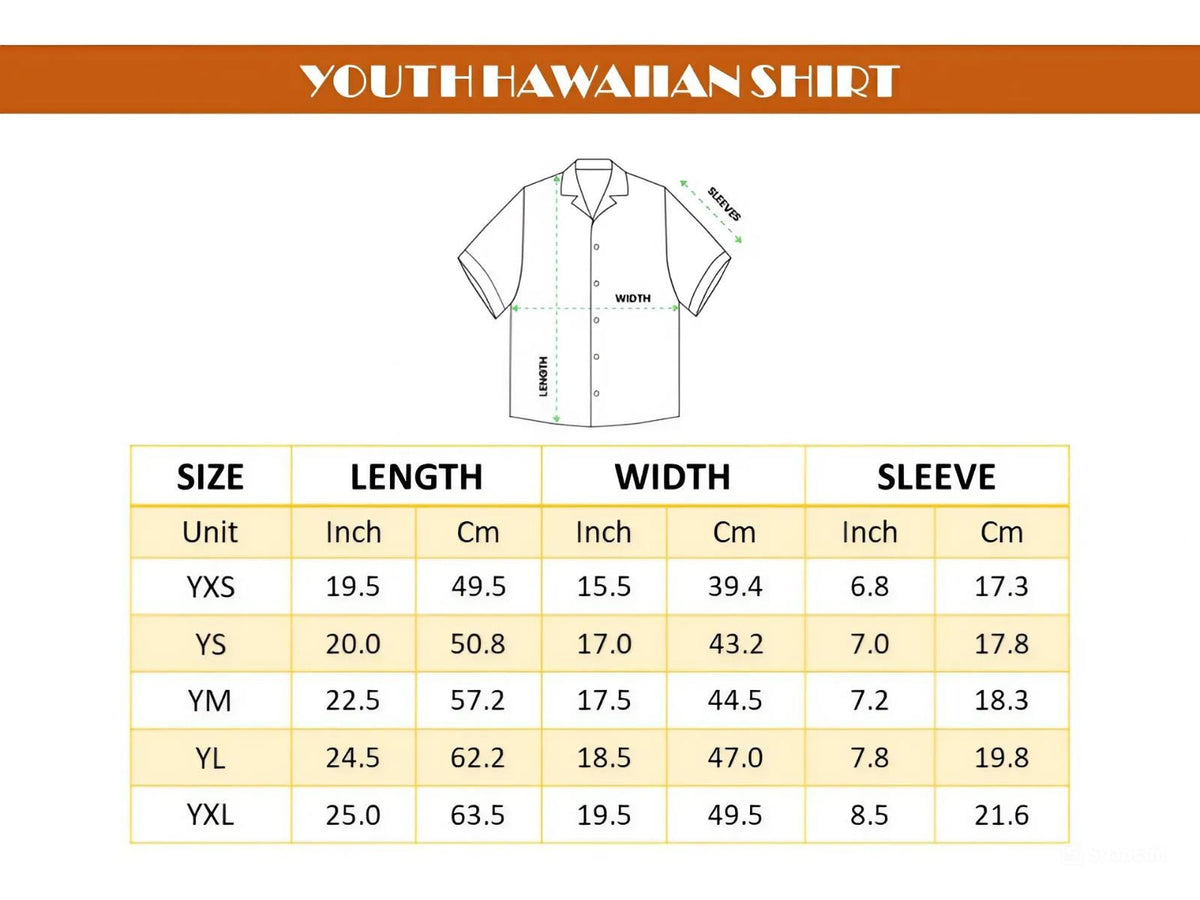 May include: A diagram of a youth Hawaiian shirt with measurements in inches and centimeters. The shirt sizes range from YXS to YXL, with lengths from 19.5 to 25 inches (49.5 to 63.5 cm). The width varies from 15.5 to 19.5 inches (39.4 to 49.5 cm).
