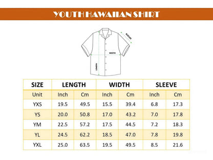 May include: A diagram of a youth Hawaiian shirt with measurements in inches and centimeters. The shirt sizes range from YXS to YXL, with lengths from 19.5 to 25 inches (49.5 to 63.5 cm). The width varies from 15.5 to 19.5 inches (39.4 to 49.5 cm).