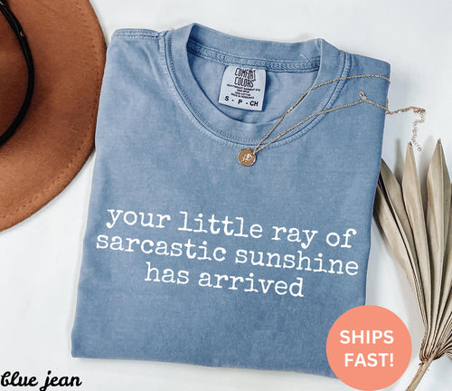 May include: A blue jean Comfort Colors t-shirt with the text "your little ray of sarcastic sunshine has arrived" in white. A gold necklace with a pendant is on the shirt. A brown hat is in the background.