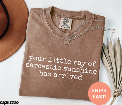 May include: Espresso-colored t-shirt with the text "your little ray of sarcastic sunshine has arrived" in white. A silver necklace with a pendant rests on the shirt. The shirt is folded, and a brown hat is partially visible.