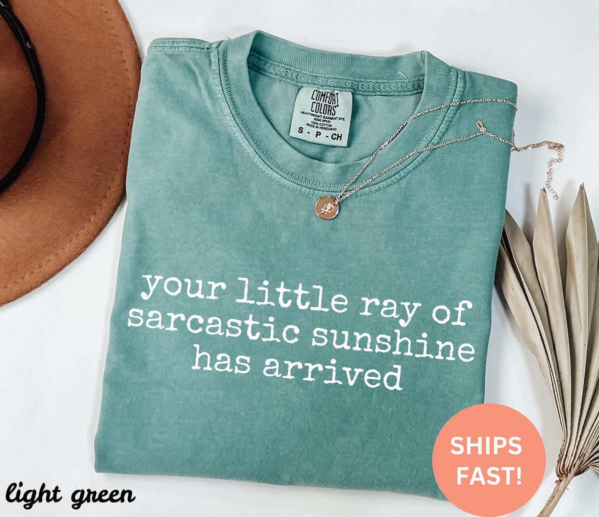 May include: Light green t-shirt with the text "your little ray of sarcastic sunshine has arrived" in white. The shirt has a crew neck and a small tag at the neckline. A gold necklace with a pendant is draped across the shirt.