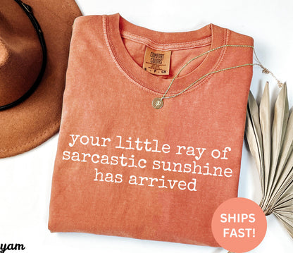 May include: A coral-colored t-shirt with the phrase "your little ray of sarcastic sunshine has arrived" in white text. A gold necklace and a brown hat are also visible. The shirt has a Comfort Colors tag.