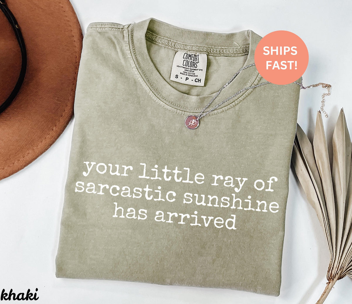 May include: Khaki-colored t-shirt with the phrase "your little ray of sarcastic sunshine has arrived" printed in white. A silver necklace with a pendant is on the shirt. The shirt has a Comfort Colors tag.
