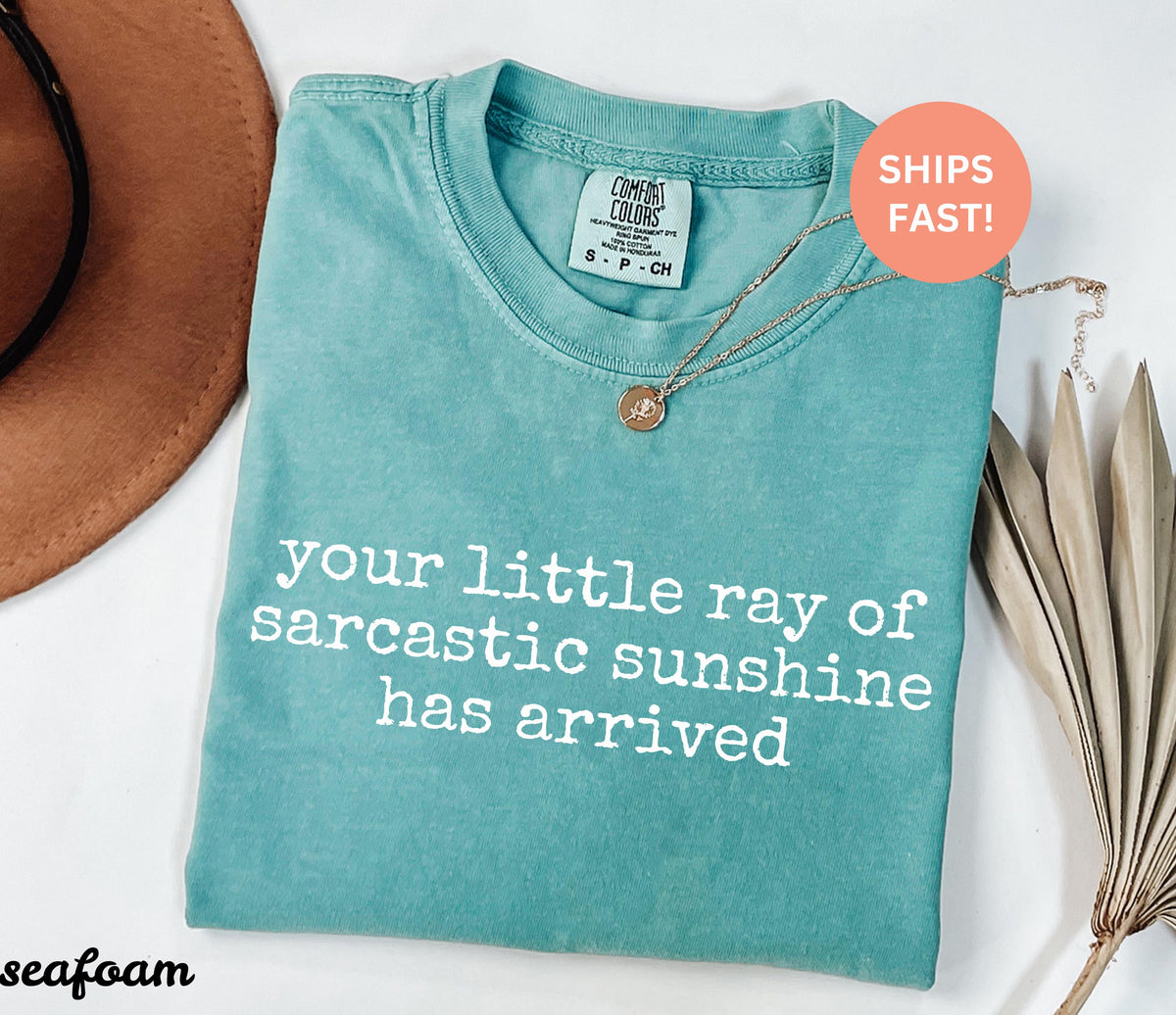May include: Seafoam green t-shirt with the text "your little ray of sarcastic sunshine has arrived" in white. A gold necklace and a brown hat are visible. The shirt has a Comfort Colors tag and a "SHIPS FAST!" sticker.