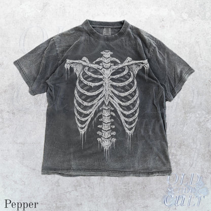 May include: Pepper-colored t-shirt featuring a white skeletal rib cage design. The graphic tee has a vintage, distressed look. The text "OLD SCHOOL CULT" is printed in white on the bottom right corner.