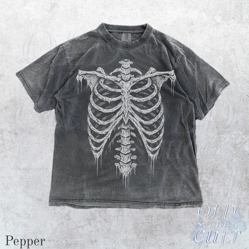 May include: Pepper-colored t-shirt featuring a white skeletal rib cage design. The graphic tee has a vintage, distressed look. The text "OLD SCHOOL CULT" is printed in white on the bottom right corner.