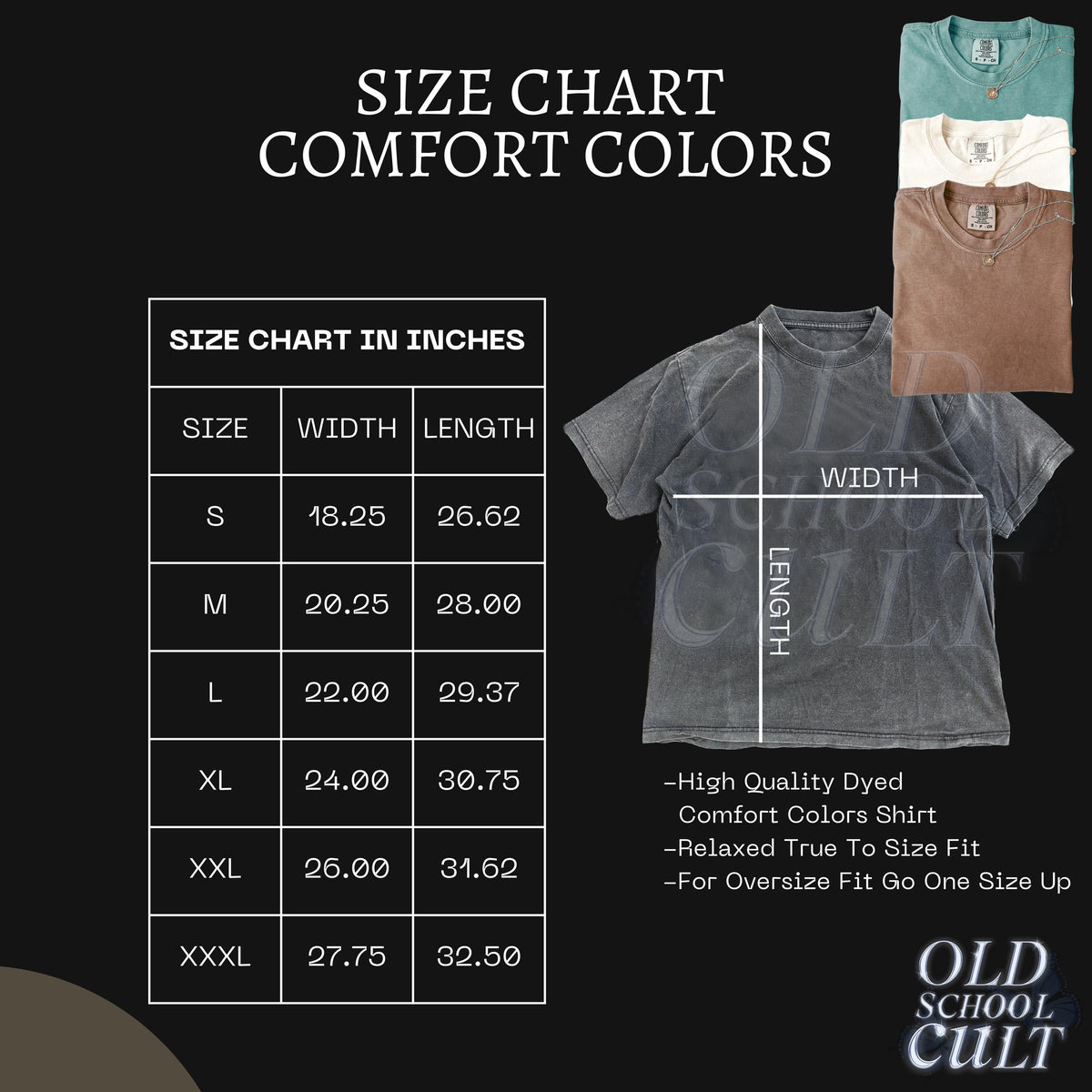 May include: A size chart for Comfort Colors shirts, with measurements in inches. The chart includes sizes S to XXXL, with width and length dimensions. The image also shows a gray Comfort Colors shirt and a few other shirt colors.