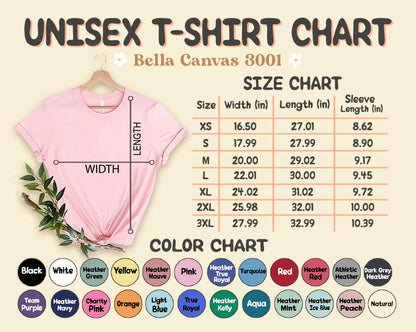 May include: A pink Bella Canvas 3001 unisex t-shirt displayed on a hanger, with a size and color chart. The size chart shows measurements in inches for width, length, and sleeve length. The color chart displays various color options.