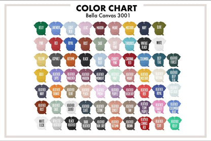 May include: Color chart of Bella Canvas 3001 t-shirts, showcasing a wide array of colors. Each color is displayed on a t-shirt, with the color name printed above. Colors include Kelly, Lavender, Light Blue, Lilac, Maroon, and more.
