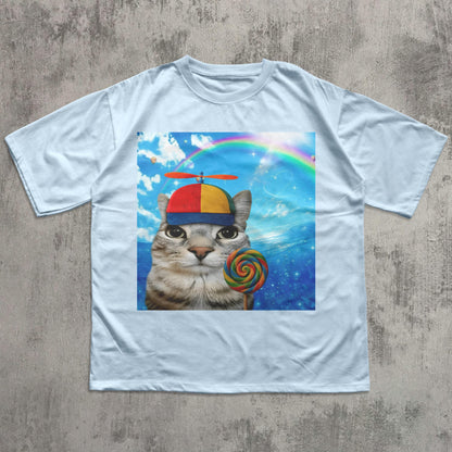 May include: Light blue t-shirt featuring a whimsical graphic of a cat wearing a propeller hat and holding a colorful lollipop. The background includes a rainbow and a blue sky with clouds. The shirt is made of a soft material.